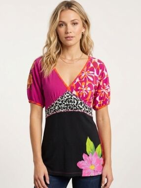 Kristi Lee Neon Beaded Boho Mixed-Pattern Vneck Women’s Tunic Large